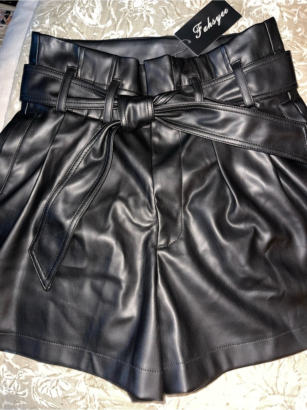 Black Faux Leather Paperbag Waist Shorts